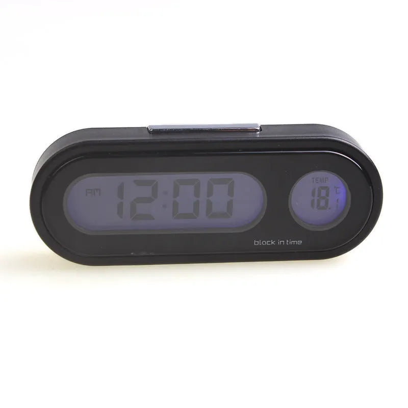 Black car clock thermometer with LED display showing time and temperature on adjustable bracket