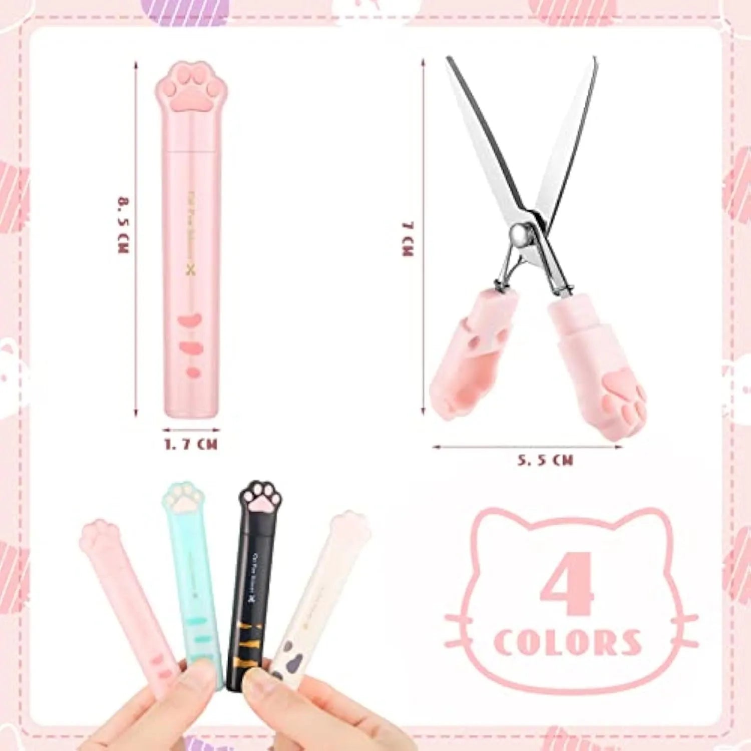 Closed folding mini scissors with cat paw design on handles in blue, pink, black, and white colour options.