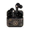 Black and white wireless Bluetooth headset showing over-ear design with no cables.