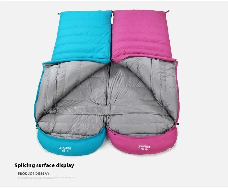 Black outdoor sleeping bag with envelope structure and white goose down filling