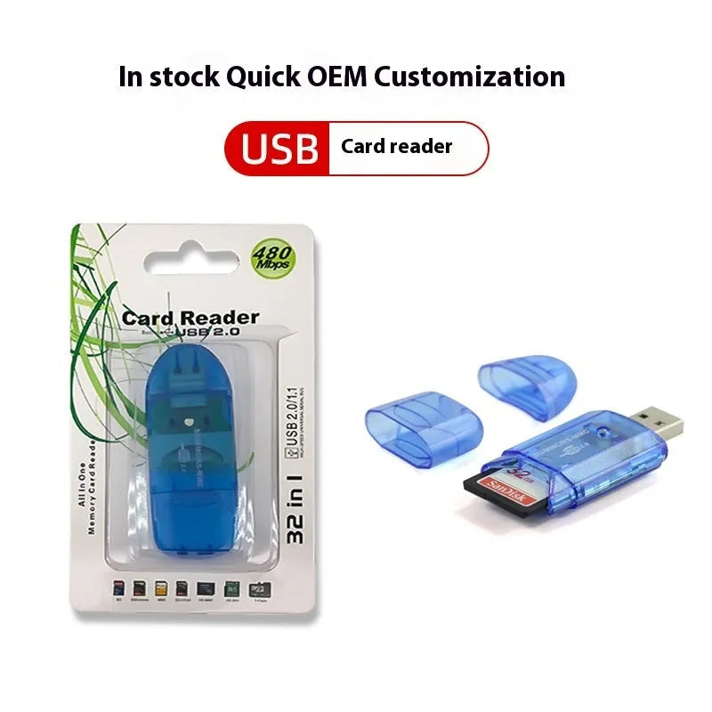 Transparent LED USB card reader with plastic construction and card holder on white background