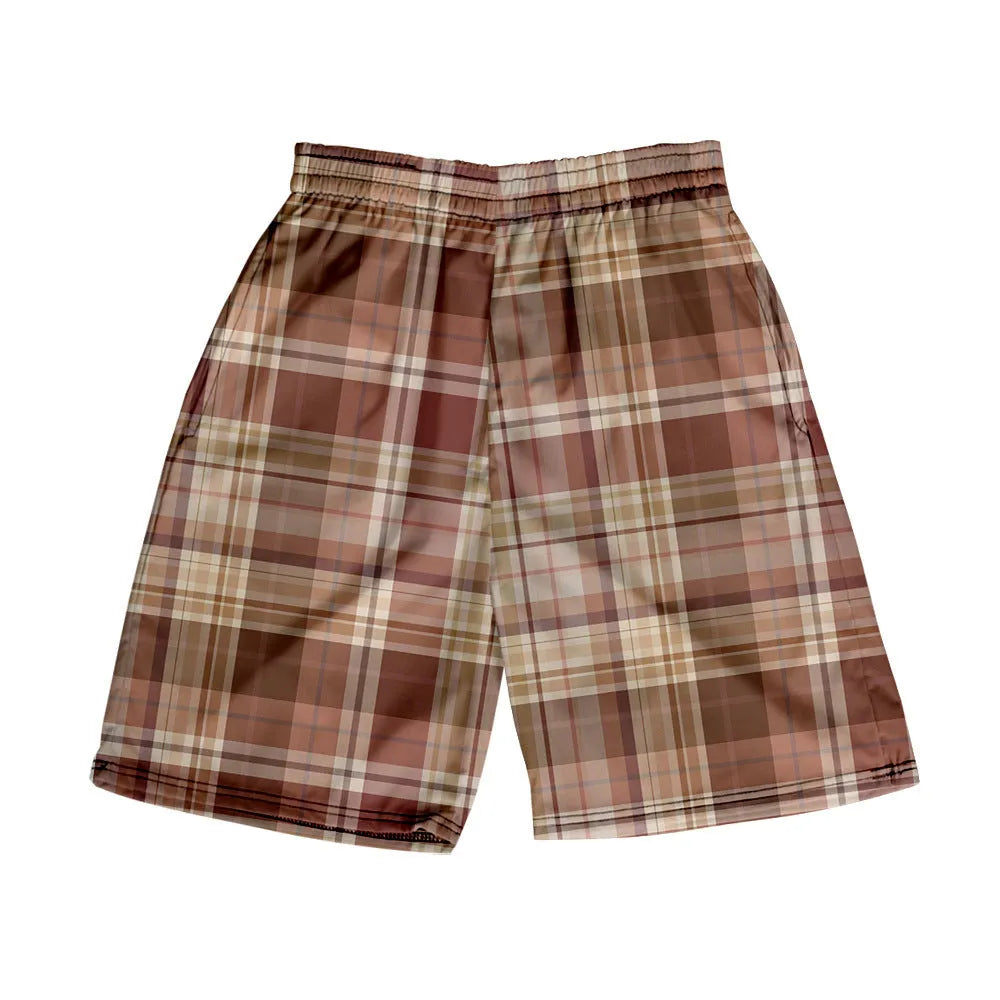 Men's plaid shorts with elastic waist in straight-leg cut available in multiple colours