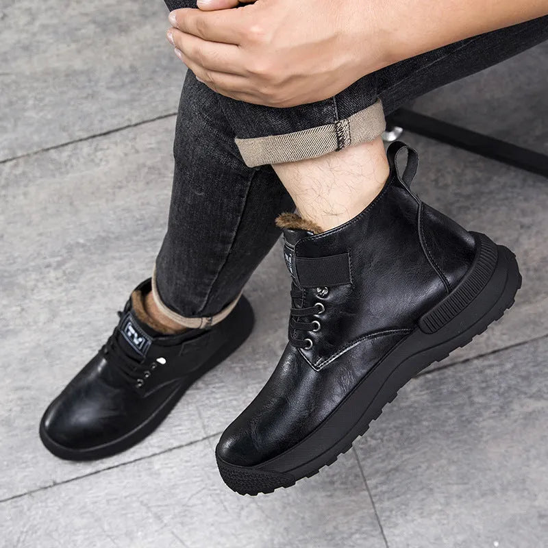 Men's black high-top platform Martin Boots with velvet-like finish and rubber sole