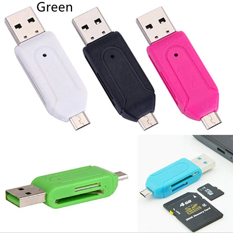 White OTG card reader with USB 2.0 and micro USB connectors for SD and TF memory cards