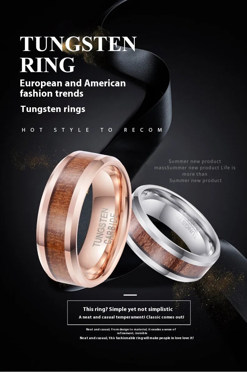 Men's 8mm wide Ugyen ring with wood and leather inlay in rose gold finish