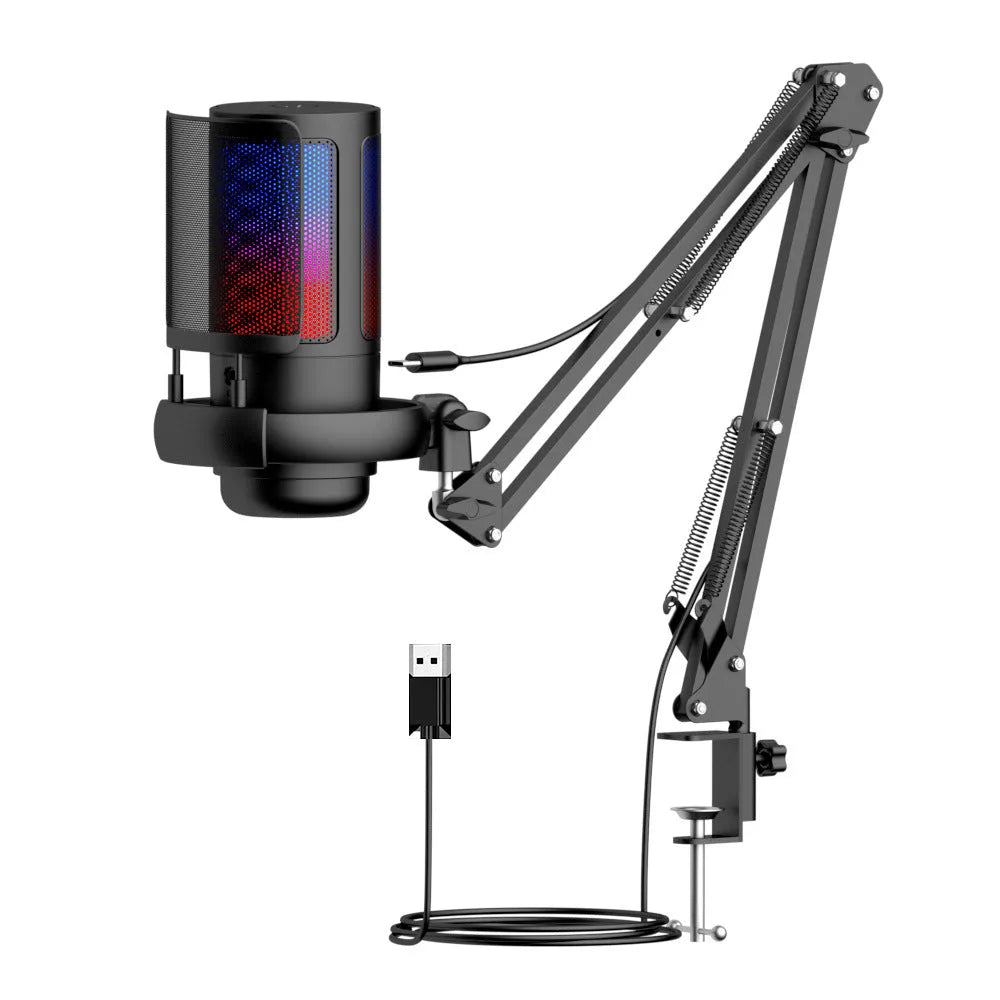 Colourful USB condenser microphone with LED lighting effects and anti-spray mesh option