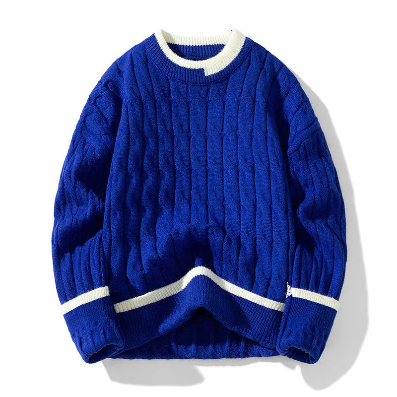 Men's loose fit modal acrylic blend pullover sweater in light blue, shown as a two-piece bottoming set.