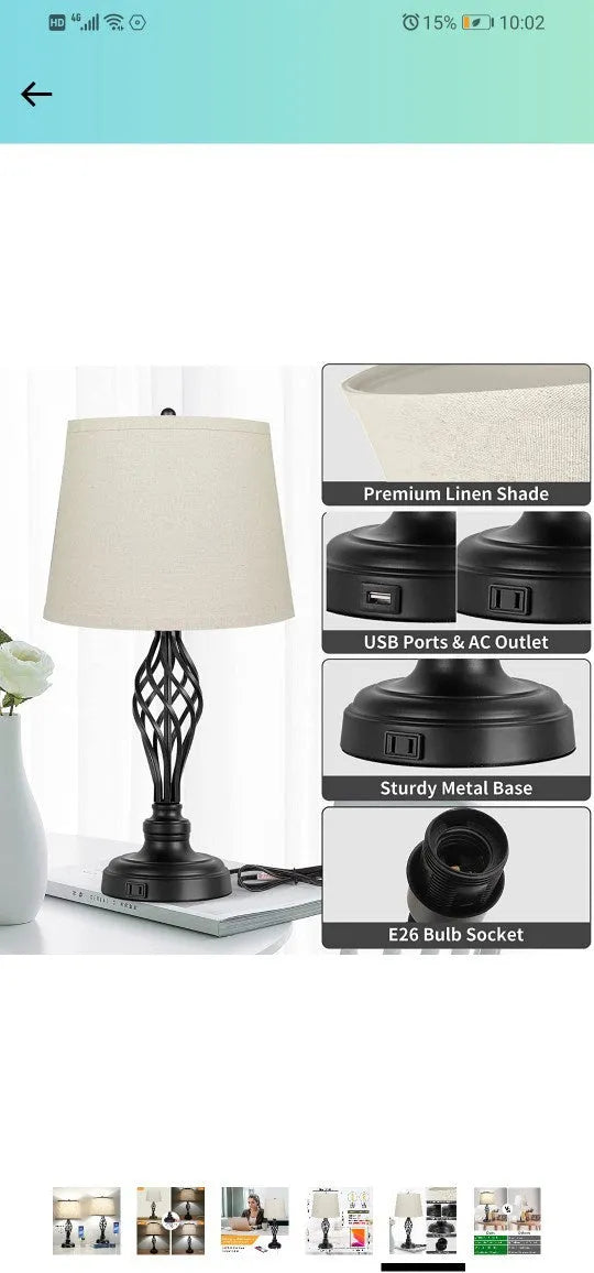 European style USB bedside table lamp with touch sensor controls for cold and warm light adjustment