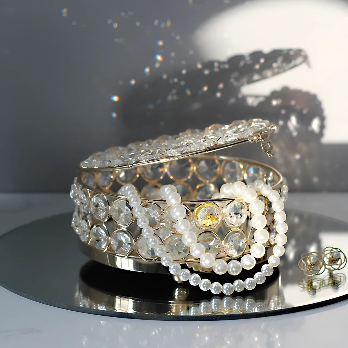 French gold jewelry storage box with crystal glass transparent lid on iron frame