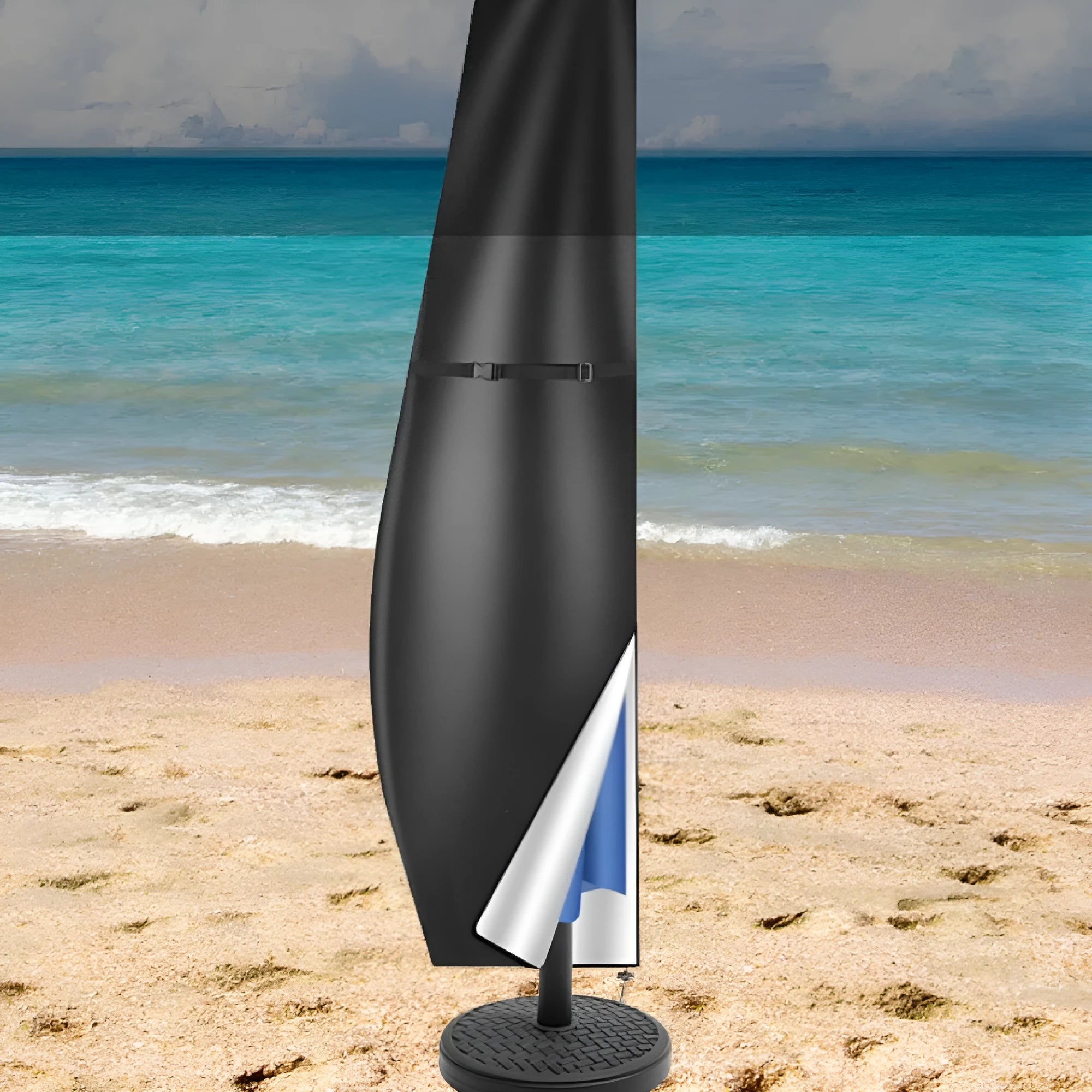 Black waterproof banana-shaped Oxford cloth cover for an offset patio umbrella.