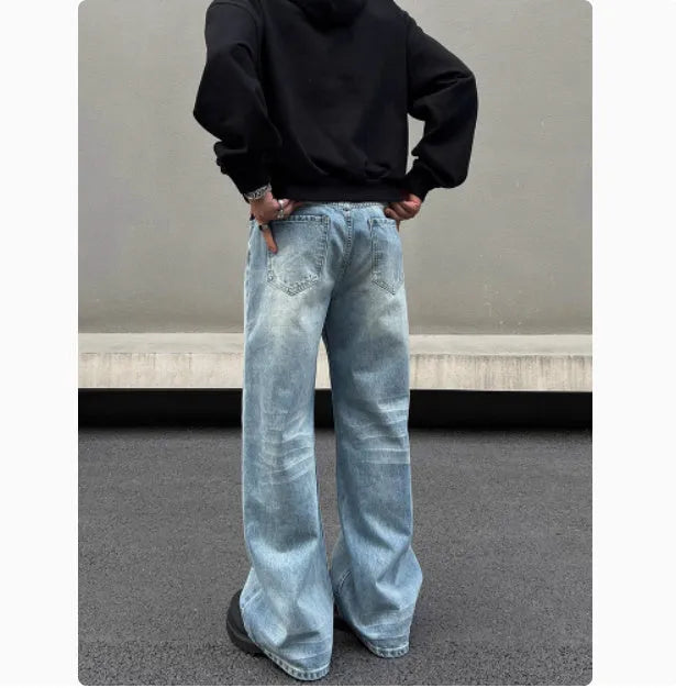 Men's blue straight jeans with retro whisker washing and flared leg style