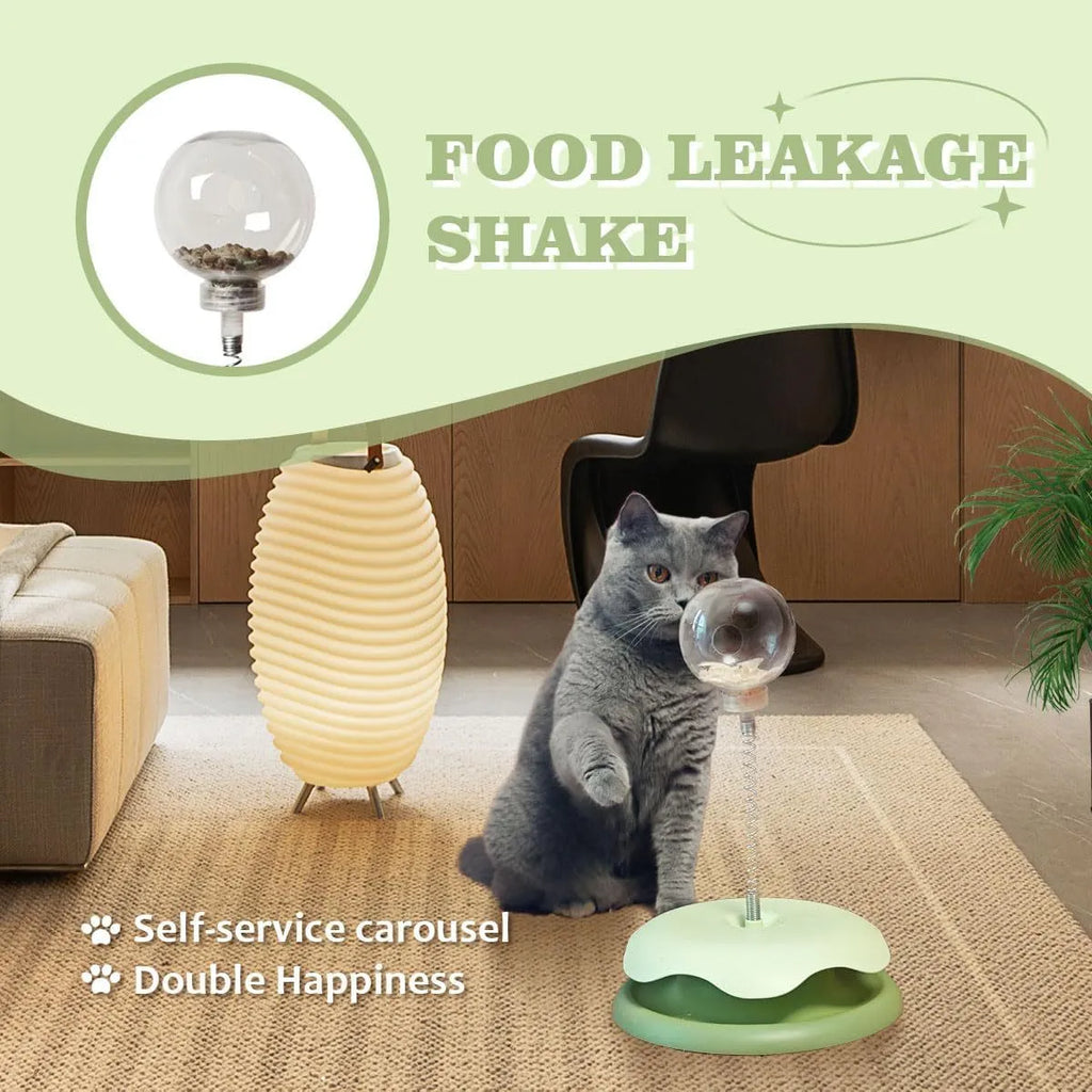 Blue cat treat dispenser toy with track ball design on white background