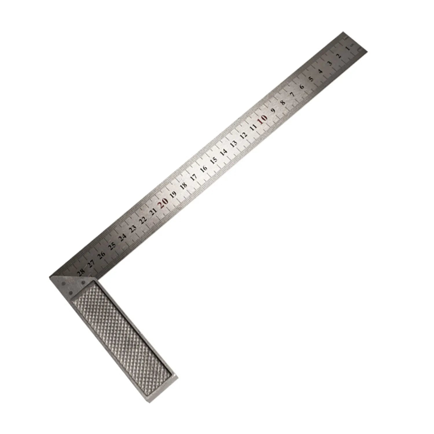 Red thin metal combination angle ruler with metric scale and transparent carry bag.