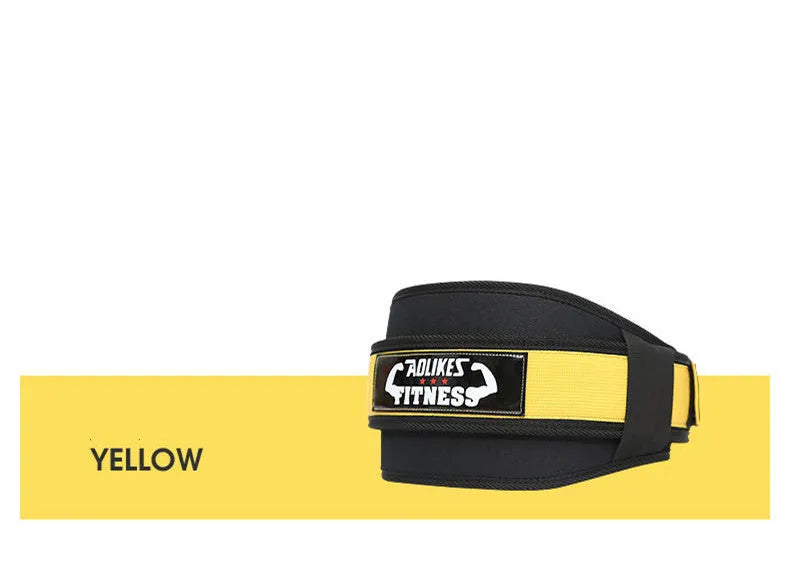 Nylon fitness weightlifting waistband in black, red, and yellow colours showing adjustable design