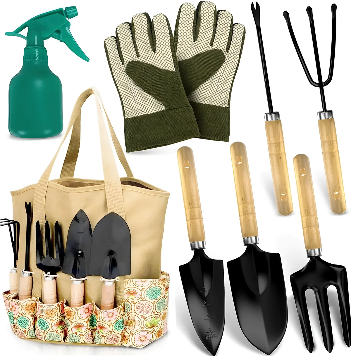 Set of eight stainless steel gardening hand tools including a trowel, weeder, and cultivator on a surface.