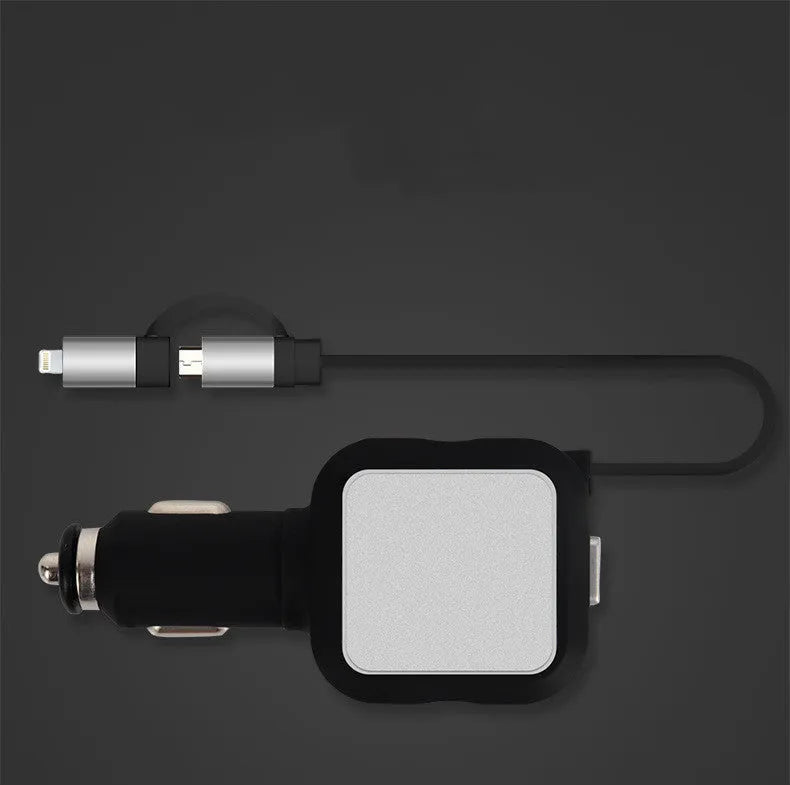 Black and gold dual USB car charger with retractable cable for vehicle charging