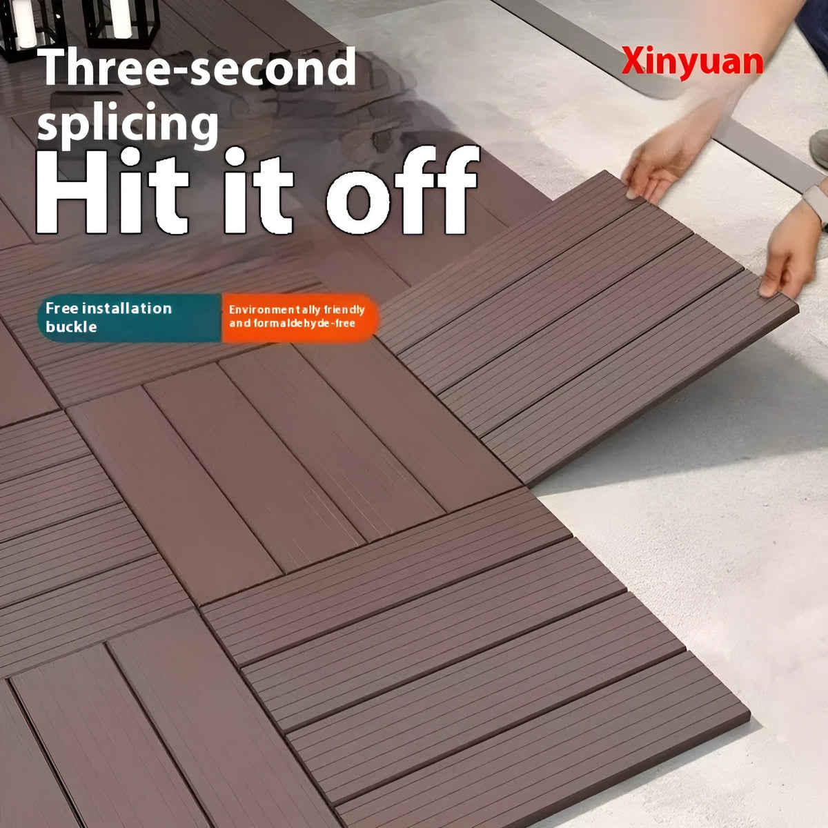 Ten square plastic floor tiles with wood grain finish shown interlocked on a floor.