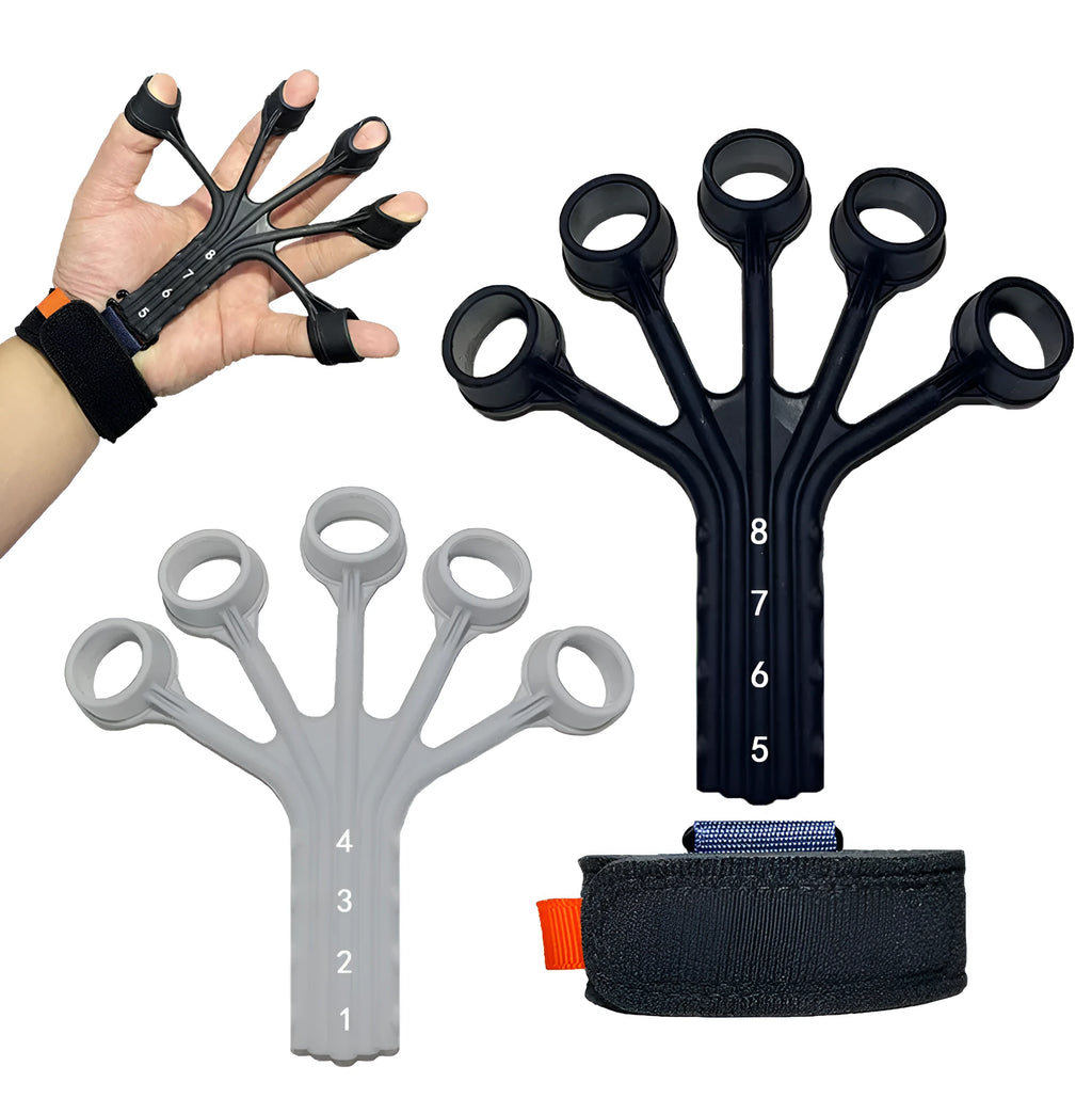Black silicone finger flexion and extension trainer with adjustable belt for adult hand rehabilitation