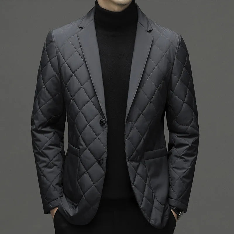 Men's black winter down jacket with lapel collar and side seam pockets
