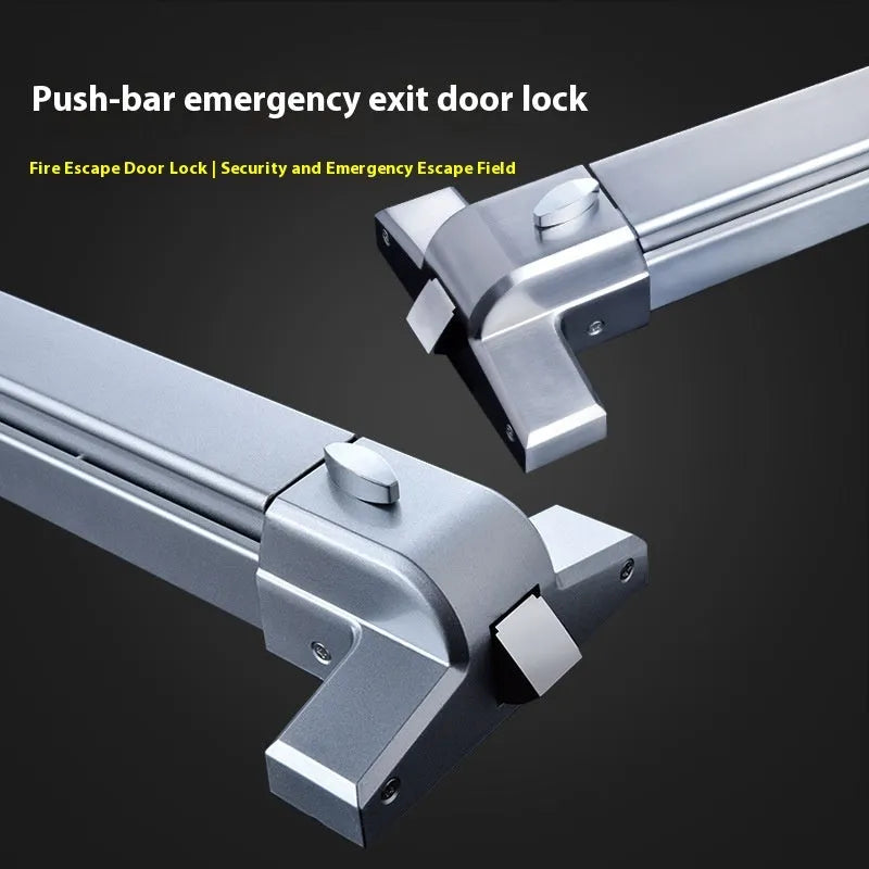 Stainless steel external push lock handle for a 65cm wide fireproof door.