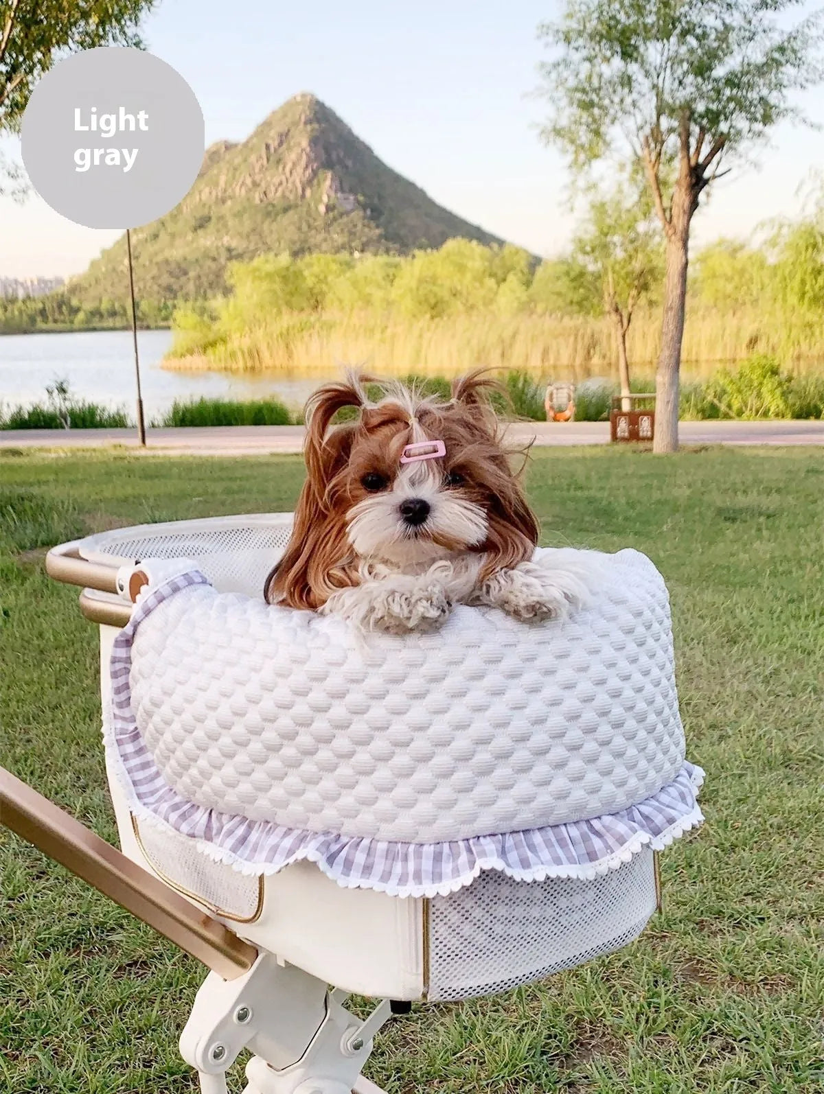 Pure cotton pet stroller accessory set showing removable towel, cushion and pillow in striped pattern