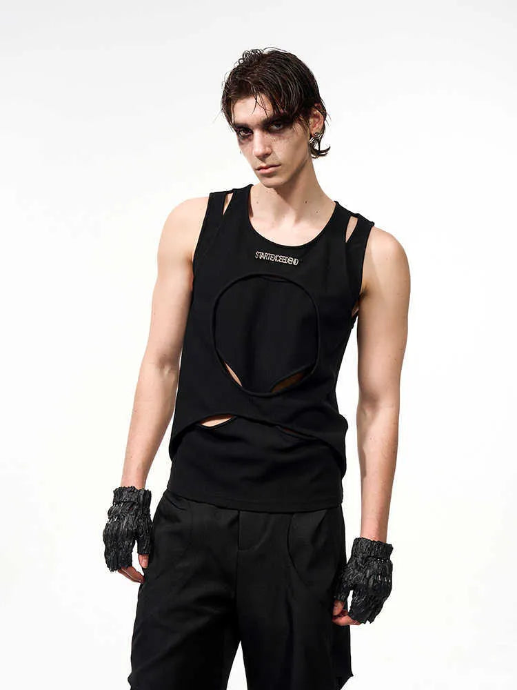 Men's black sleeveless waistcoat vest with hollow knit fabric and round neck collar