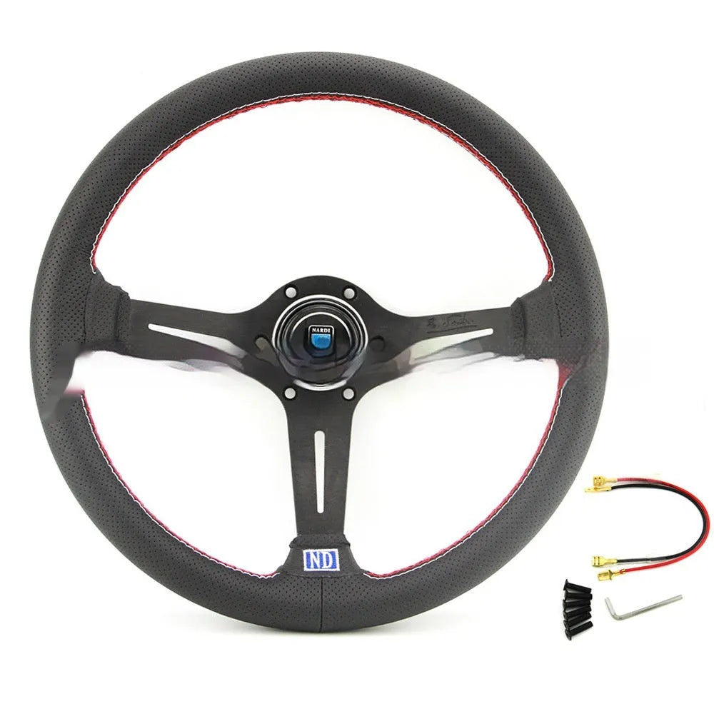 14-inch leather steering wheel with middle concave design showing black skeleton colour option