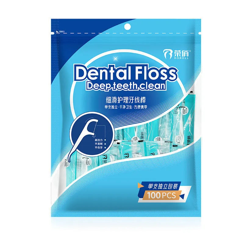 Disposable dental floss packets in independent plastic packaging with portable bag