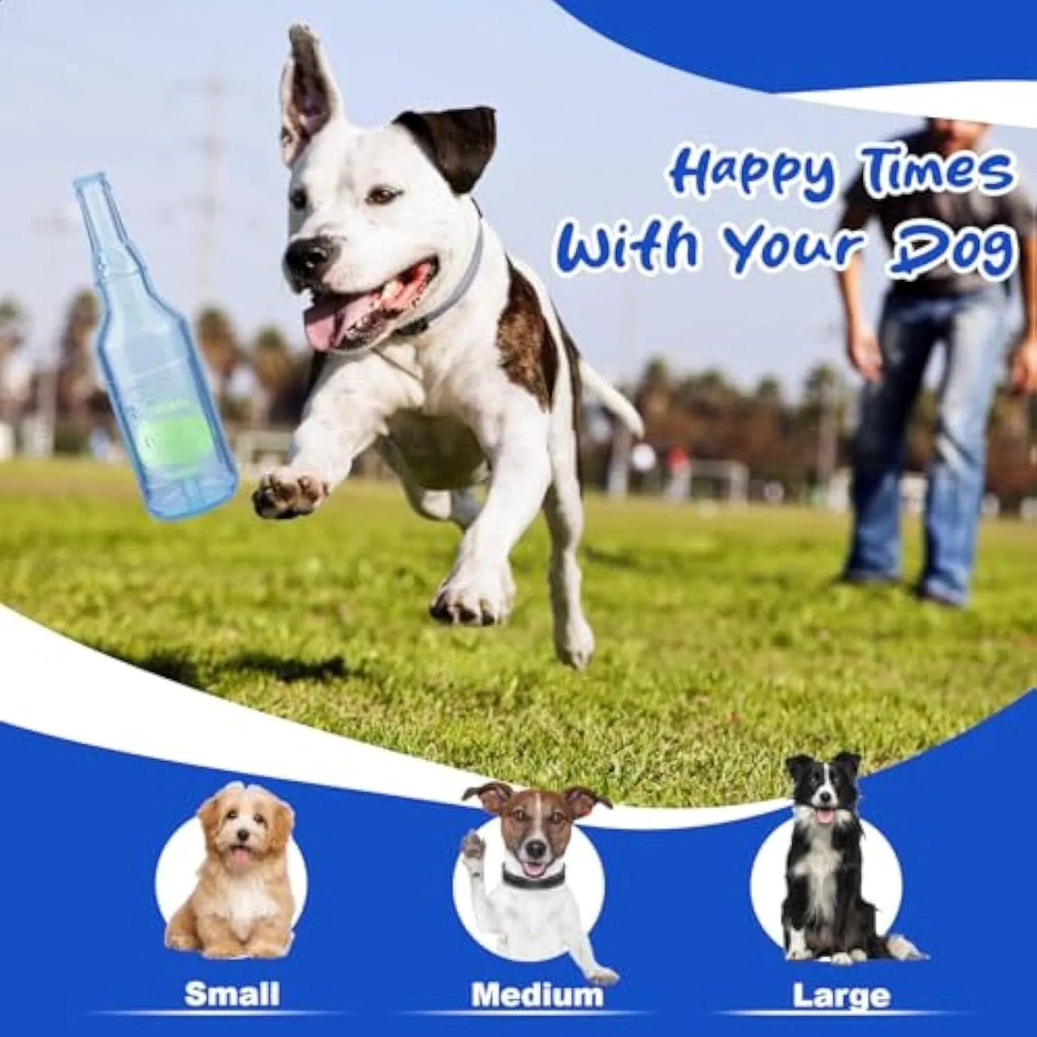Blue natural rubber water bottle dog toy with squeaker tail for aggressive chewers
