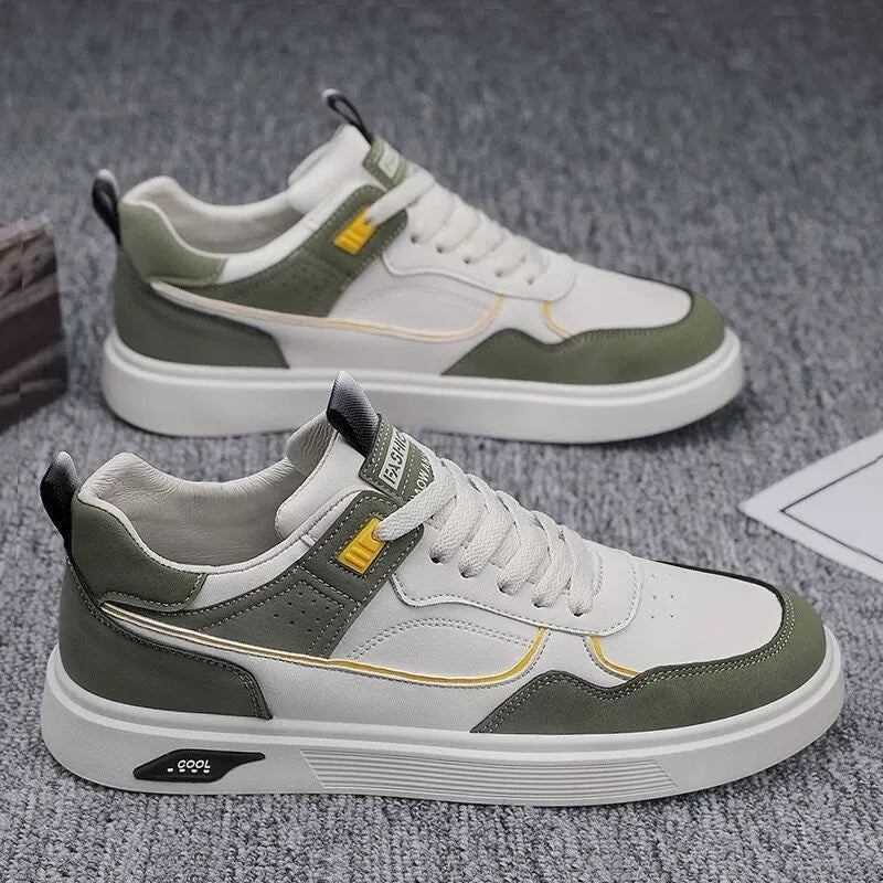 Men's solid colour canvas board shoes with mesh lining and leather stitching details