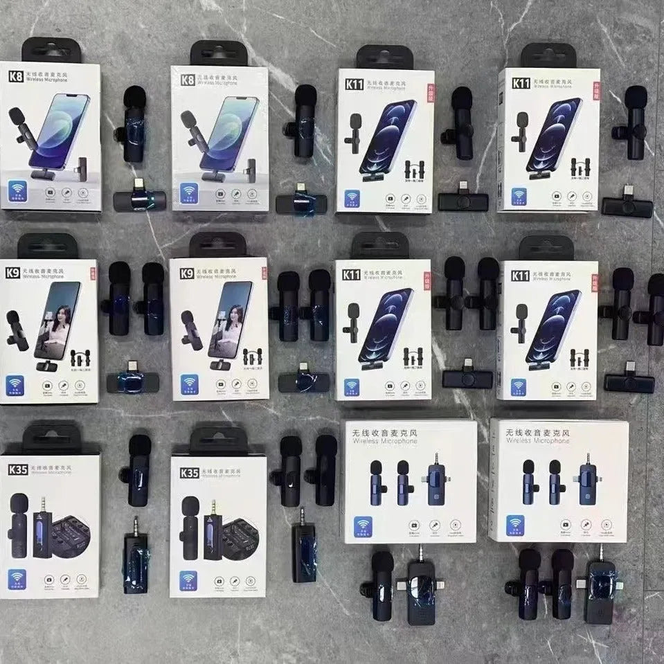 Wireless lapel microphone with clothing clip for smartphone video recording.