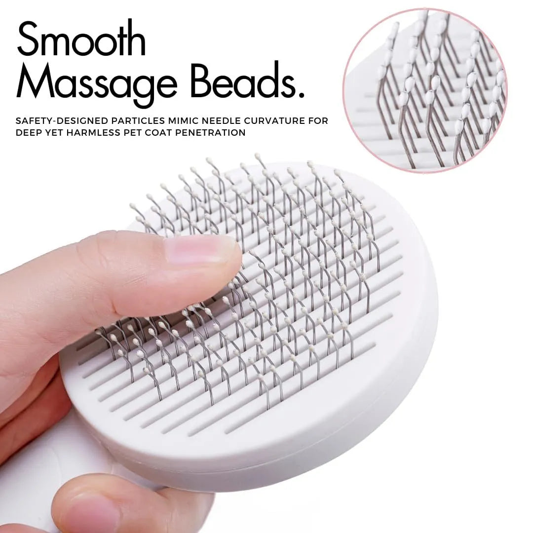 Blue self-cleaning slicker brush for dogs and cats with stainless steel pins and a rubber handle.