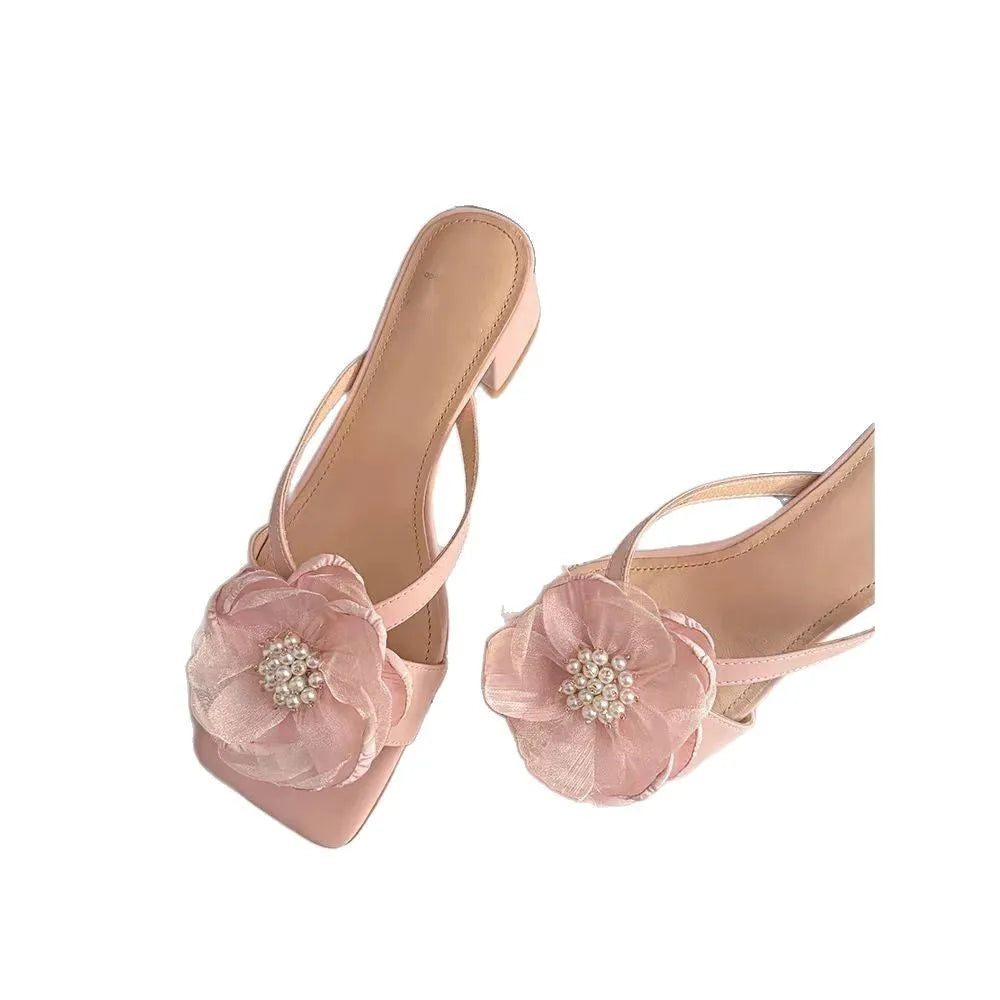 Women's chunky heel square toe sandals with fashion flower detail in satin material