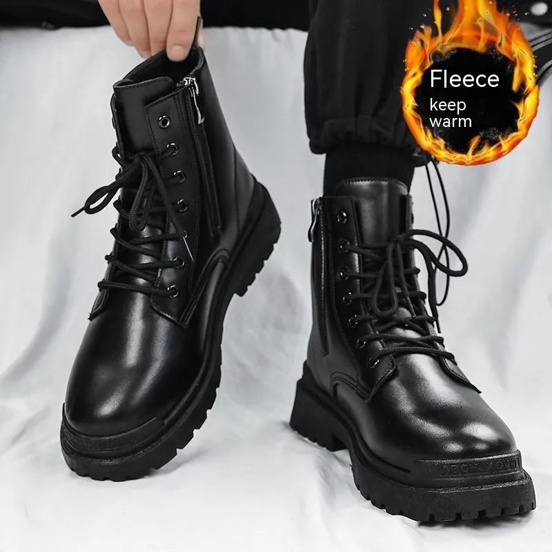 Men's black mid-top tide British leather boots with a flat style and rubber sole