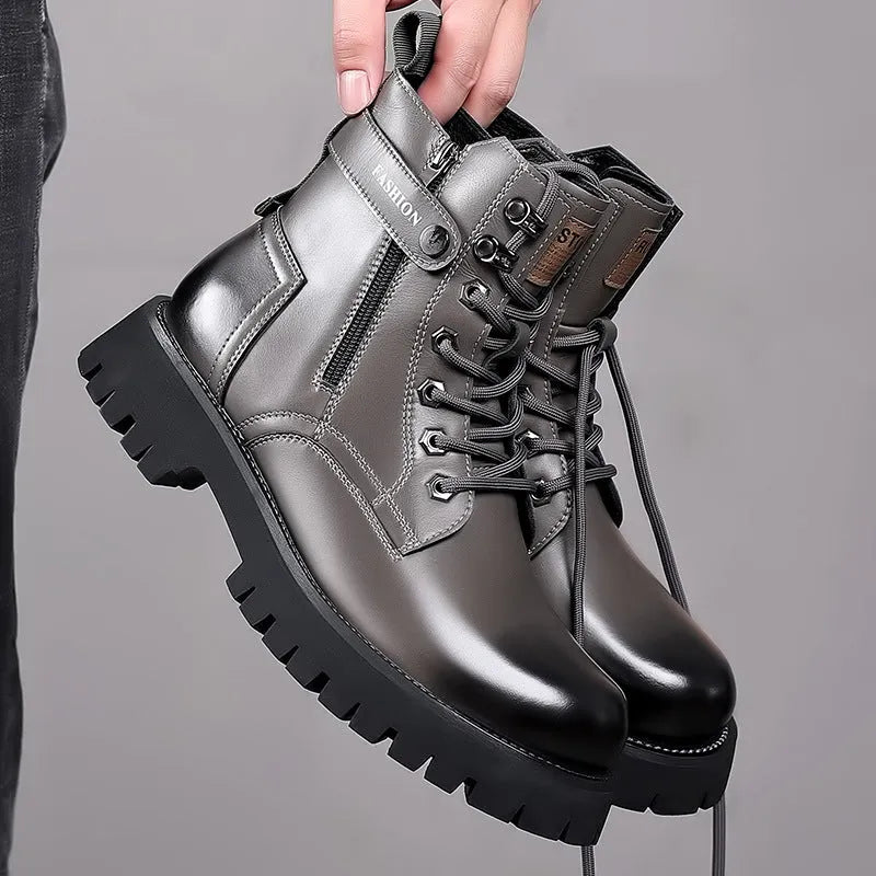 Men's thick-soled high-top Martin boots with side zipper in light brown colour showing cowhide upper and stitching detail