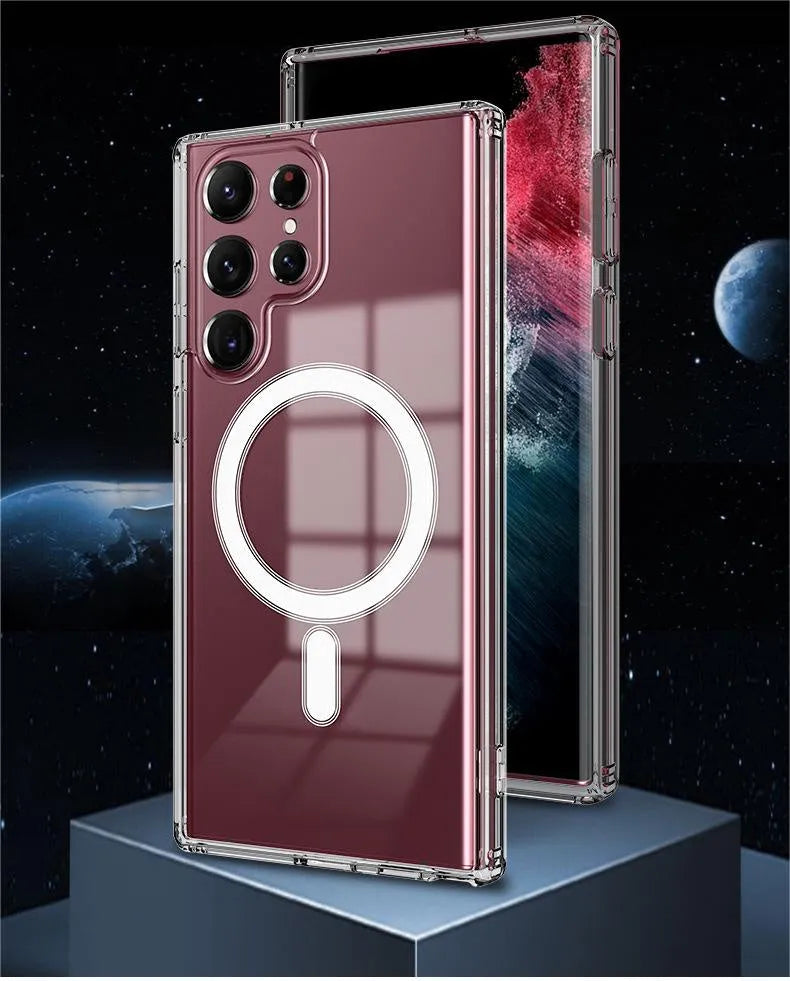 Transparent MagSafe magnetic phone case for Samsung Galaxy S21 S22 S23 series on black background