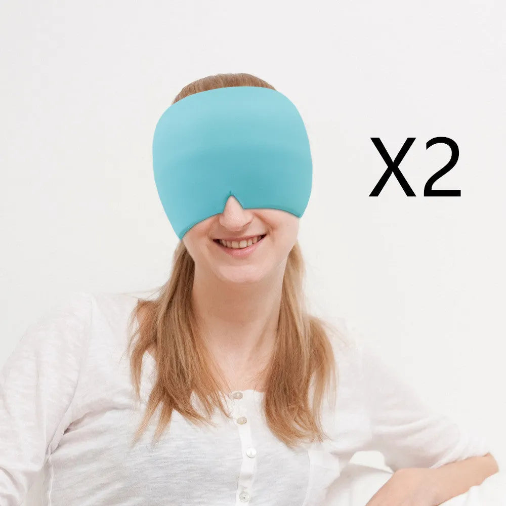 Black elastic cloth gel cooling eye mask for headache relief, shown with adjustable strap.
