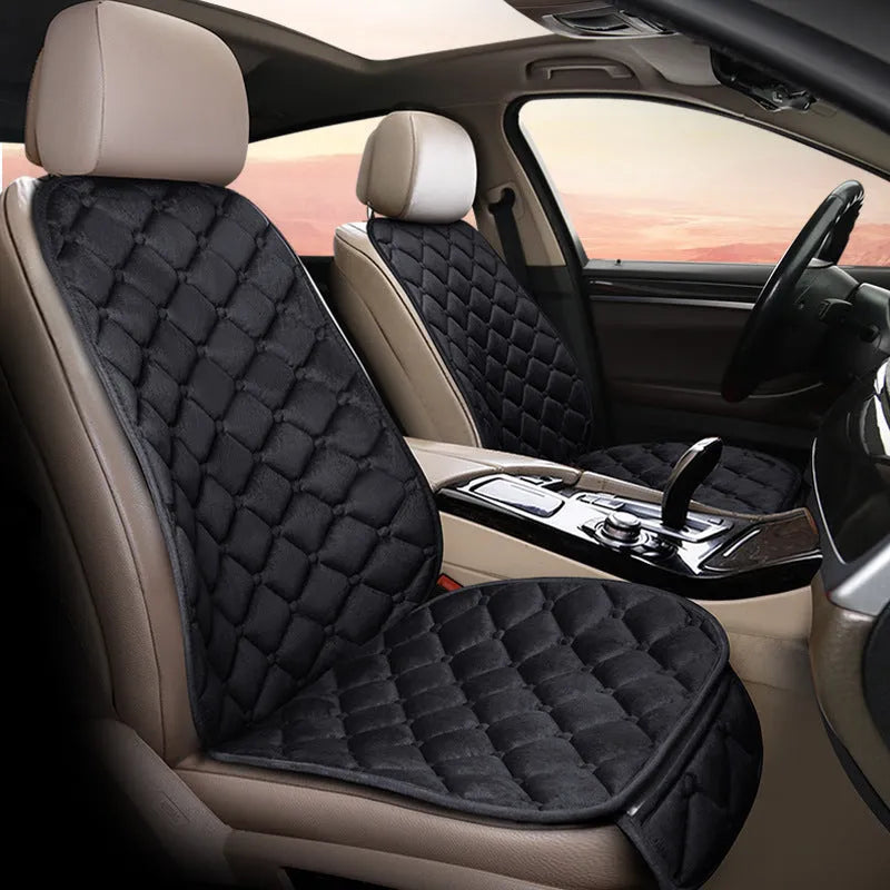 Cotton ringer plush car seat cushion in burgundy colour on a car seat.
