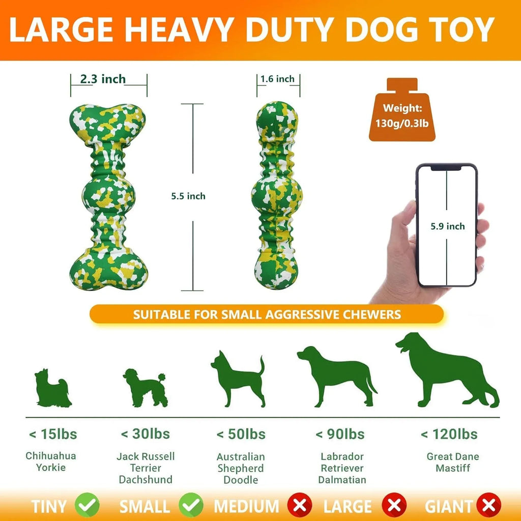 Natural rubber dog chew toy in camouflage pattern with bone shape, shown in green, white and yellow colours