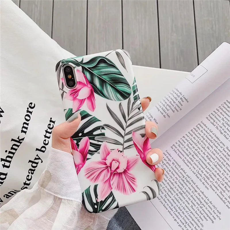 Pink flowers pattern floral design TPU phone case for Apple iPhone models on white background