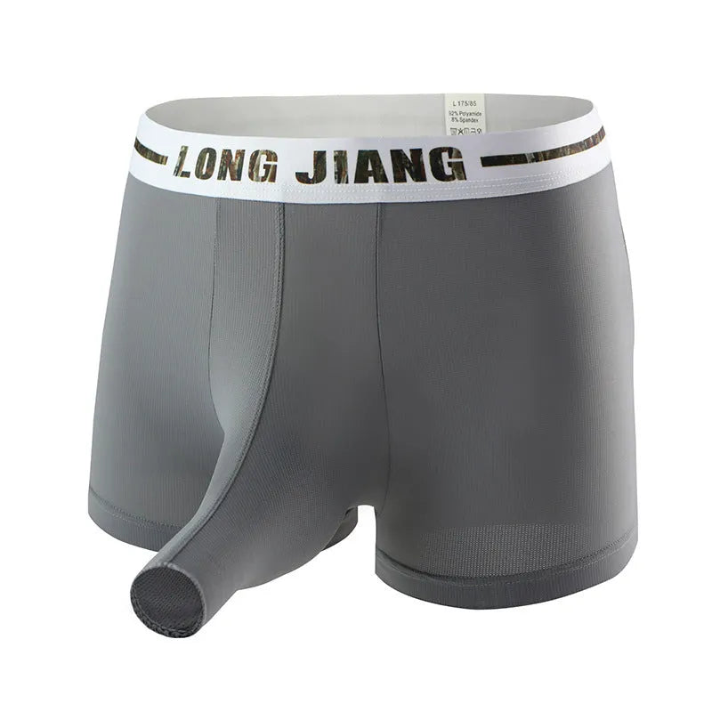 Men's ice silk boxer shorts in a solid colour showing the trunk open design and mid waist fit.