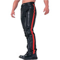 Black PU leather cropped motorcycle trousers, skinny fit, mid waist, button fly, sizes XS-XXL