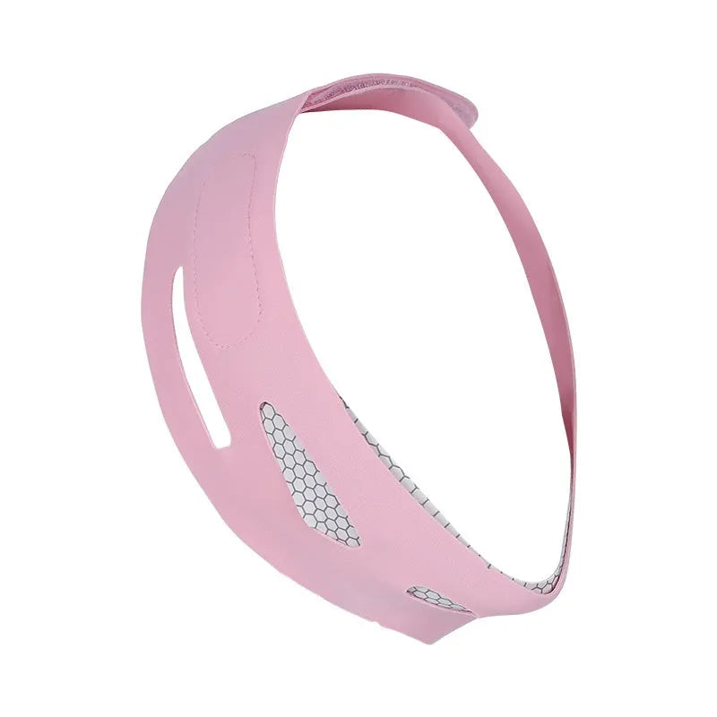 Pink and black elastic V-shaped face bandage for facial care support.