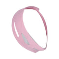 Pink and black elastic V-shaped face bandage for facial care support.