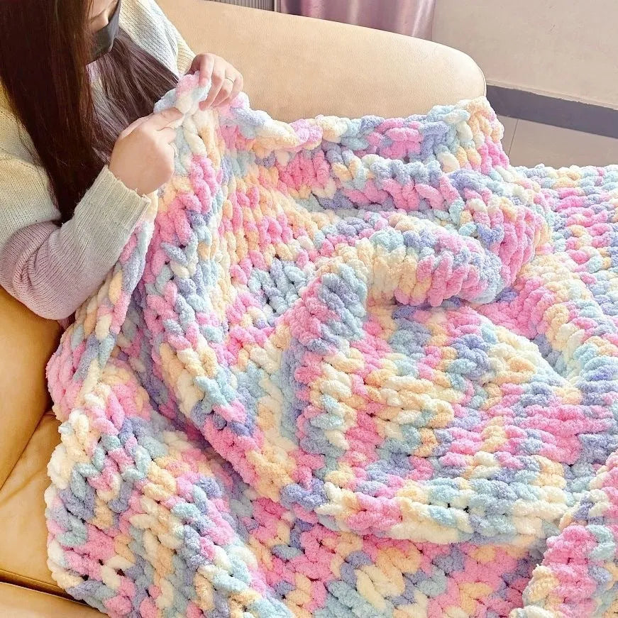 Coarse yarn chenille knitted blanket with braided gravity texture in modern colour pattern