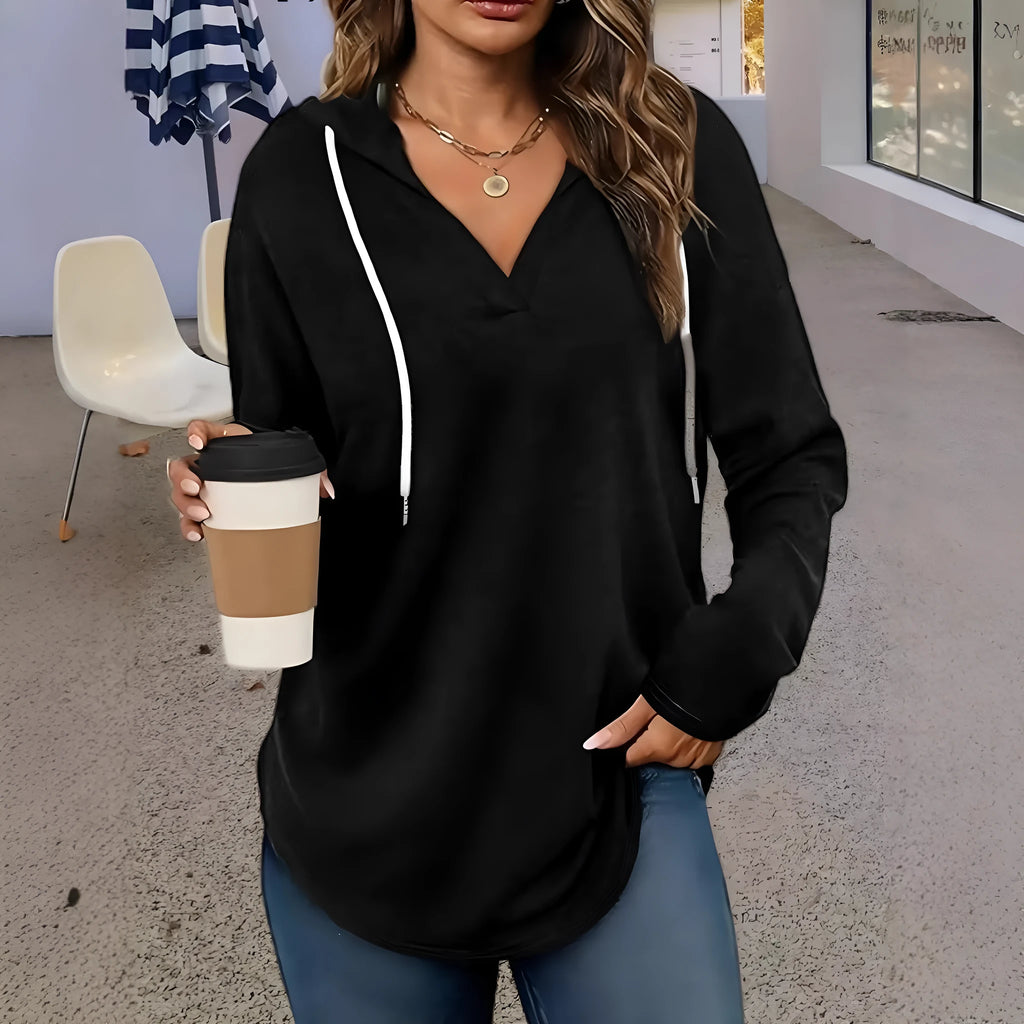 Women's red hooded V-neck sweatshirt with long sleeves and loose fit