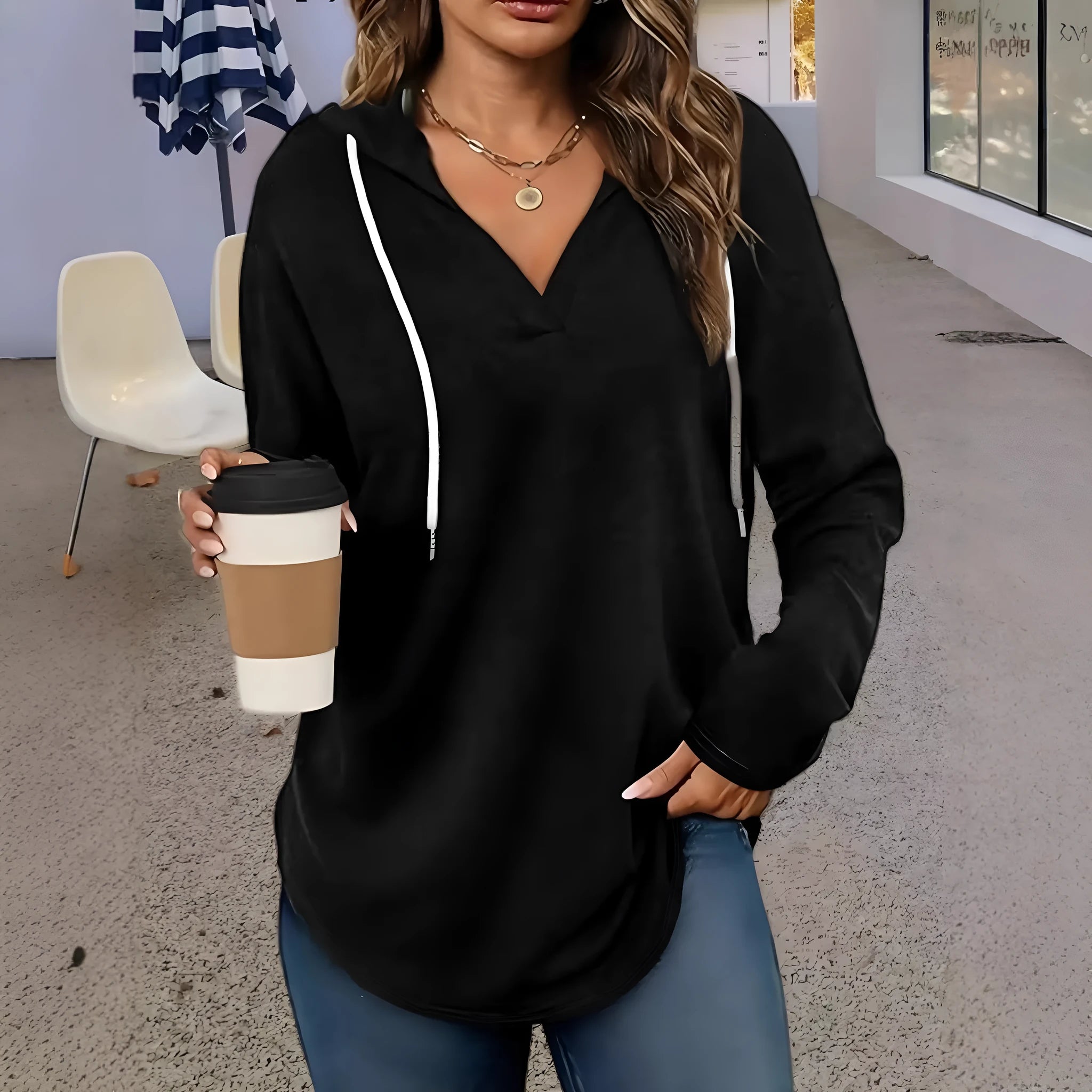 Women's red hooded V-neck sweatshirt with long sleeves and loose fit