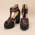 Women's black platform high heel sandals with a back zipper and round toe on a rubber sole.