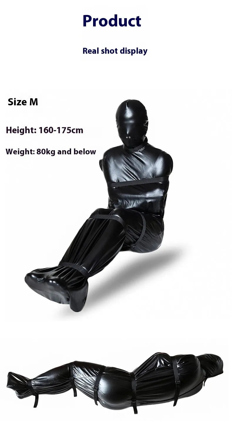 Black patent leather body wrap set with six silver ratchet tie-down straps laid out.