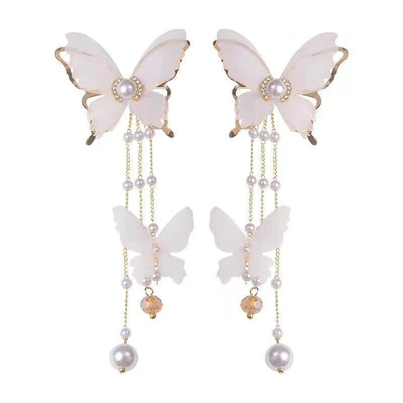 White butterfly drop earrings with tassel lace, pearls and rhinestones on copper alloy